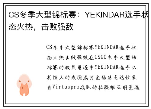 CS冬季大型锦标赛：YEKINDAR选手状态火热，击败强敌