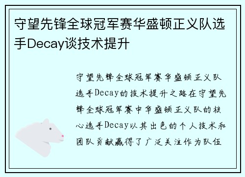 守望先锋全球冠军赛华盛顿正义队选手Decay谈技术提升